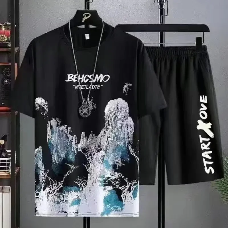 2024 Men's Spring and Summer Thin Tie Dye Short Sleeve Chinese Style Landscape Painting Round Neck Casual Suit