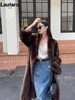 Lautaro Winter Long Vintage Elegant Luxury Chic Thick Warm Soft Brown Fluffy Faux Mink Fur Coat Women V Neck Furry Overcoat 2023 1