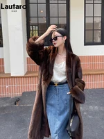 Lautaro Winter Long Vintage Elegant Luxury Chic Thick Warm Soft Brown Fluffy Faux Mink Fur Coat Women V Neck Furry Overcoat 2023 1