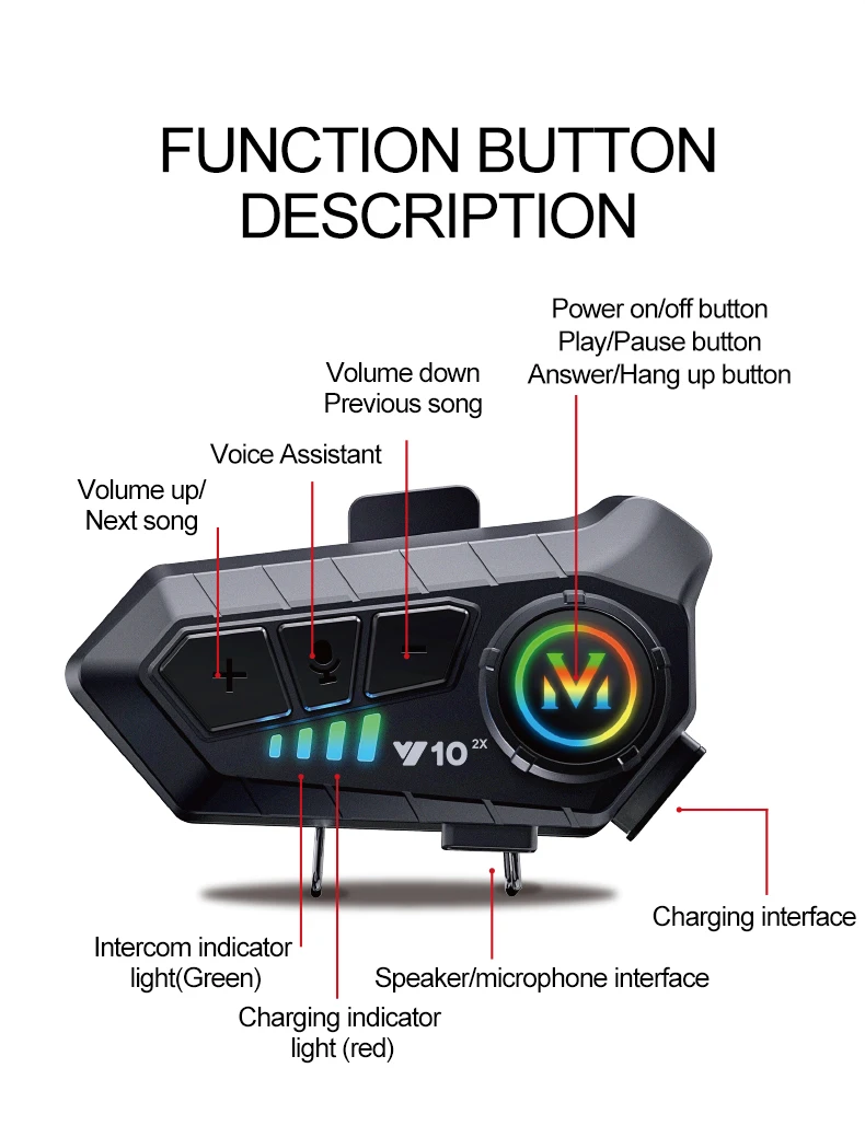 Y10 2X Motorradhelm-Headset BT5.3 für 2 Fahrer Intercom 300M Wasserdicht Musik-Sharing Motorrad-Intercom-Headset Interphone – Detail 5