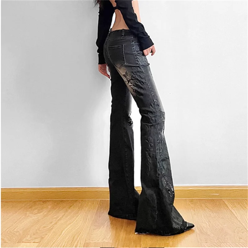 パンツ PARANOID grunge black flared denim Y2K Sunidol Womens Flare Jeans Y2K Butterfly Low Rise Denim