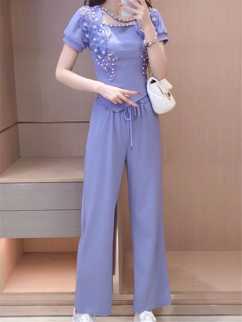 2024 Summer New Women's Fashion Style Water Diamond Nail Bead Sequins 3D Flower Top Wide Leg Pants Long Pants Two Piece Set