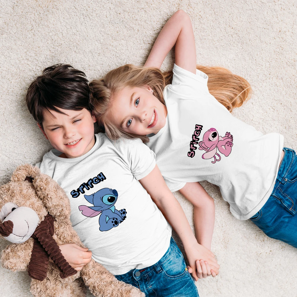 

Disney White Kids T-Shirts Stitch Angle Print Exquisite Y2K Casual Brother Sister Costume 3-8T Comfy Girls Clothes New Trend Tee