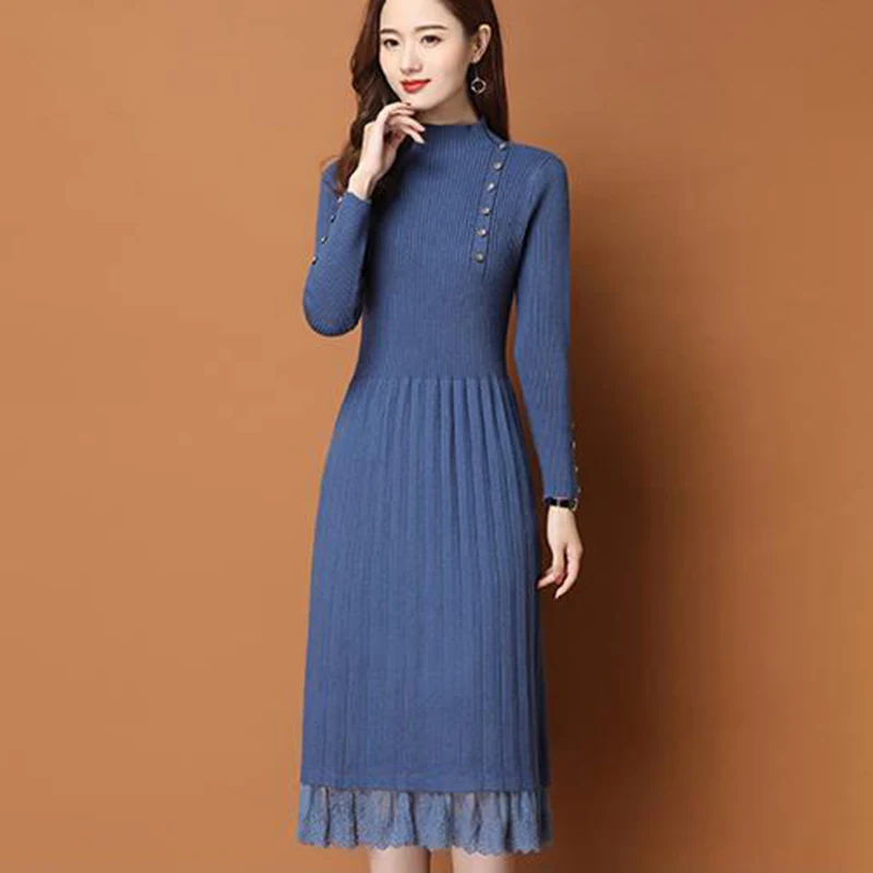 

2023 New Lace A Line Dress Female Autumn Winter Half High Collar Knitted Dresses Women Fashion All-Match Sweater Dress