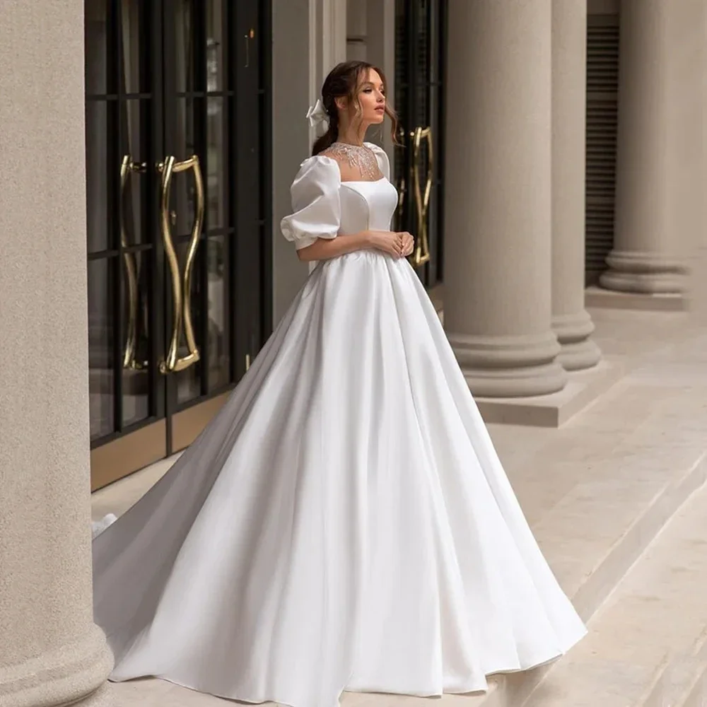 

Elegant Satin Wedding Dresses For Women Hight Collar A Line Puff Sleeves Bridal Gowns 2024 Vestidos De Novia With Sweep Train