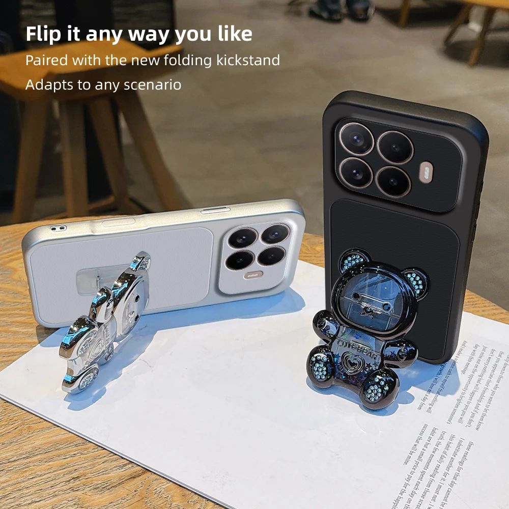 Adorable 3D Bear Bracket Stand Phone Case with Litchi Texture and Hanging Rope