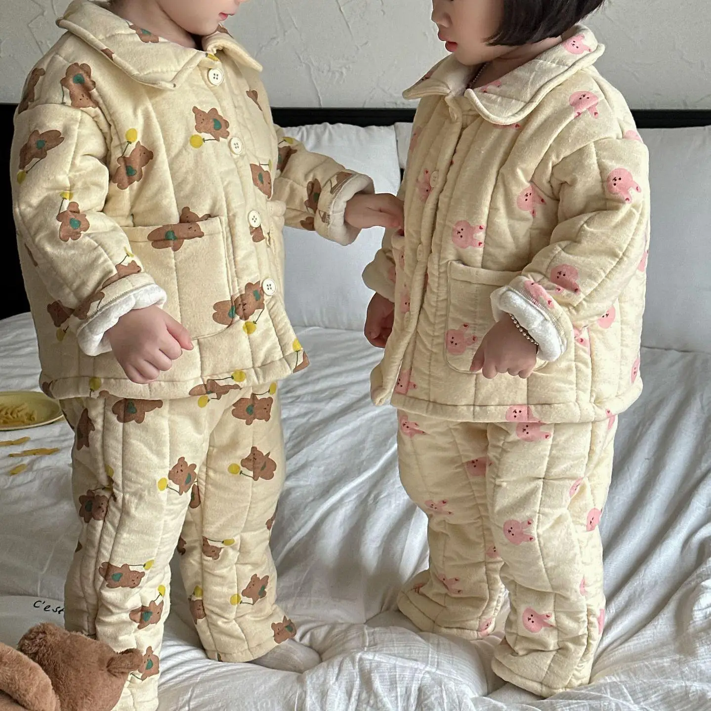 

Autumn Winter Children Cotton-padded Cartoon Homewear Pajamas Suit Boy Girl Baby Print Tops+Pants 2pcs Kid Thick Warm Shirt Set