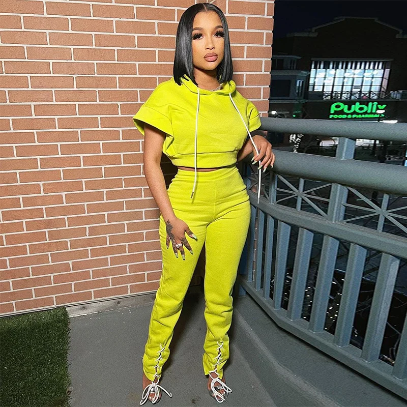 Casual Women's Tracksuit Neon Color Sportswear 2 Piece Sets Hooded Short Sleeve Crop Sweatshirts+Lace Up Drawstring Pants Suits