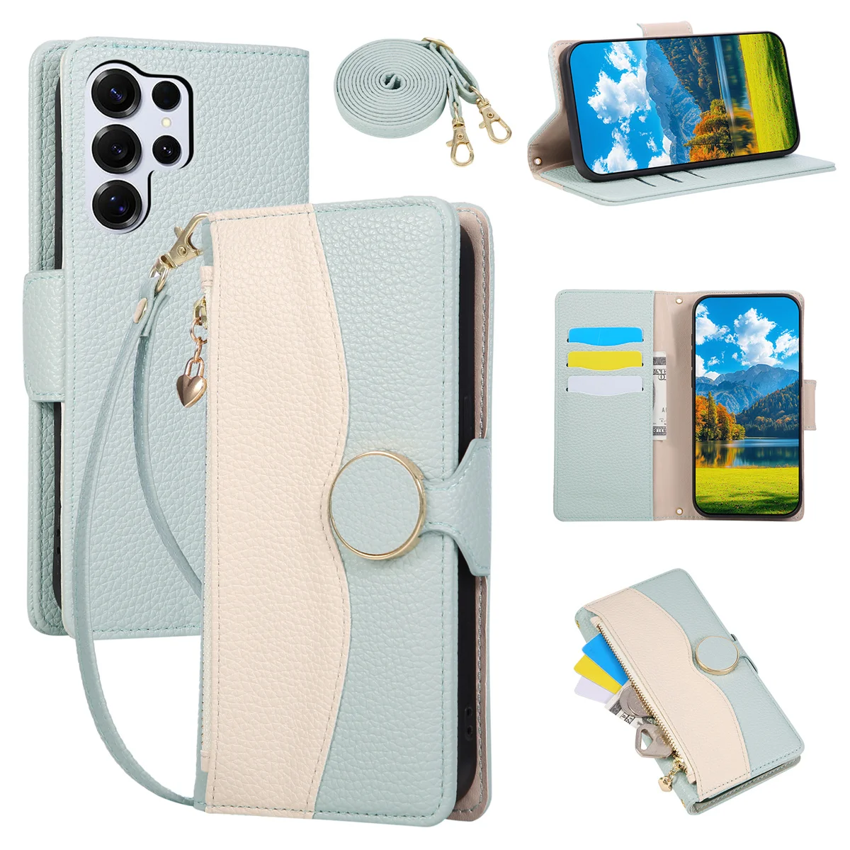 Leather Crossbody Wallet Phone Case with Wrist Strap and Card Holder