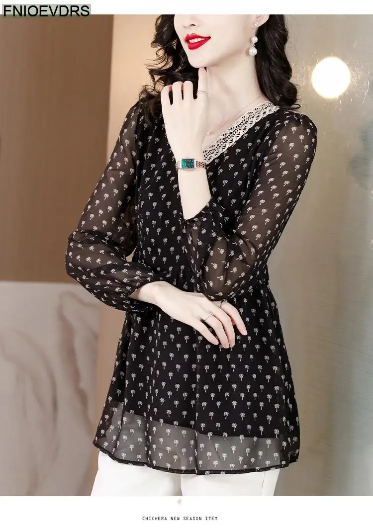 M-5XL 2023 Women European Style Office Lady Long Shirt Patchwork Lace Floral Print Ruffle Belly Black Tunic Peplum Top Blouse