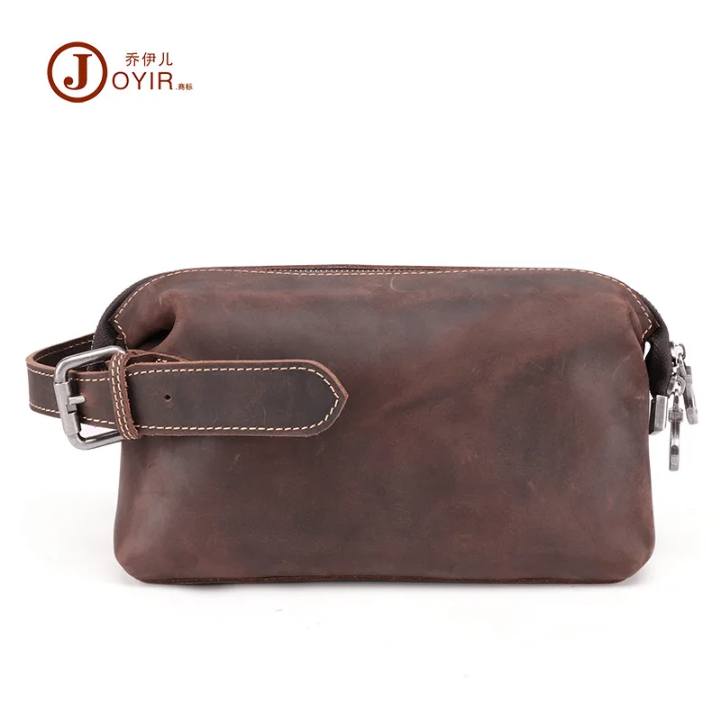 

Amazon Crazy Horse Leather Vintage Wash Bag Multi-Functional Leather Storage Bag First Layer Cowhide Men's Clutch Handbag