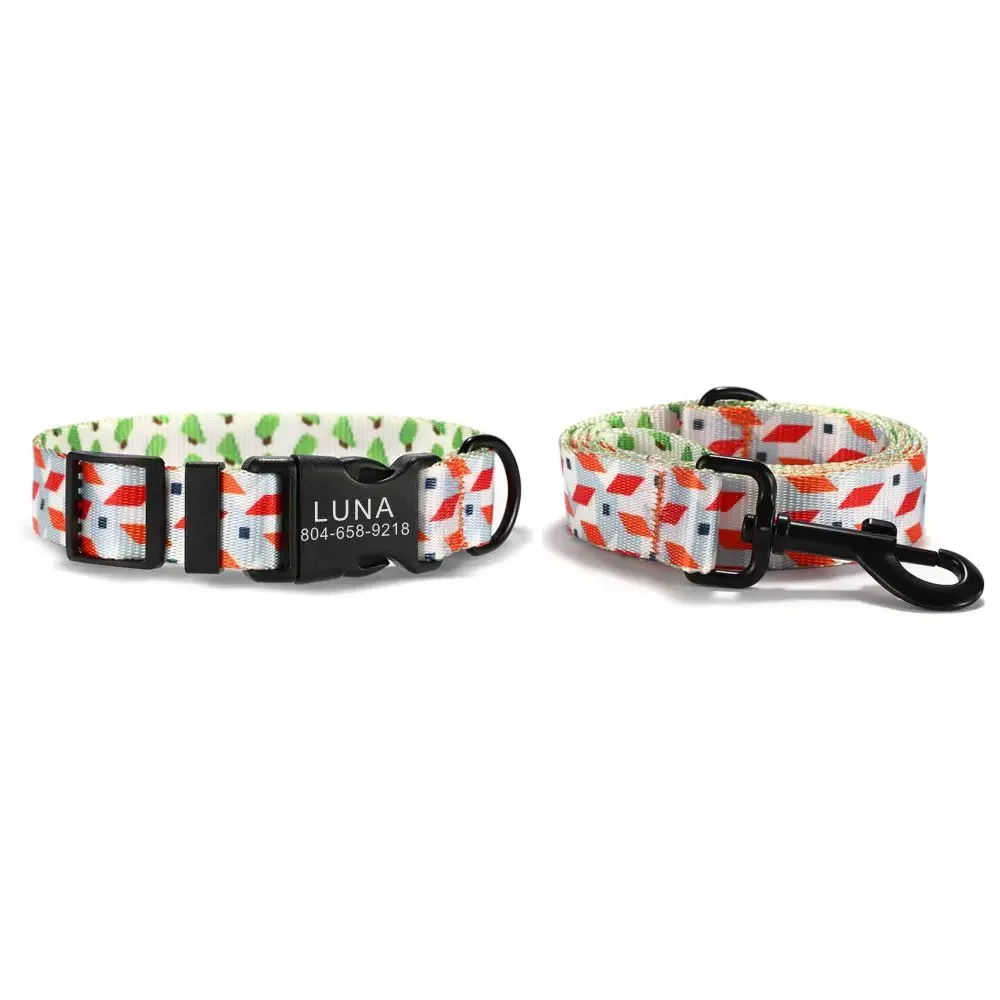 

Personalized Pet Collar Customized Nameplate ID Adjustable Whtte Village Soft Fiber Cat Dog Collars Lead Leash