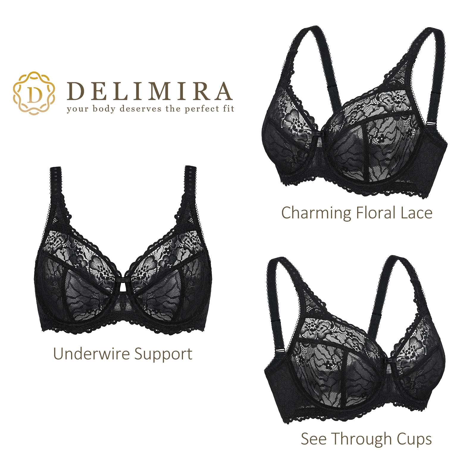 Delimira Women Full Coverage Underwired Non-Foam Plus Size Minimizer Floral  Lace Bra