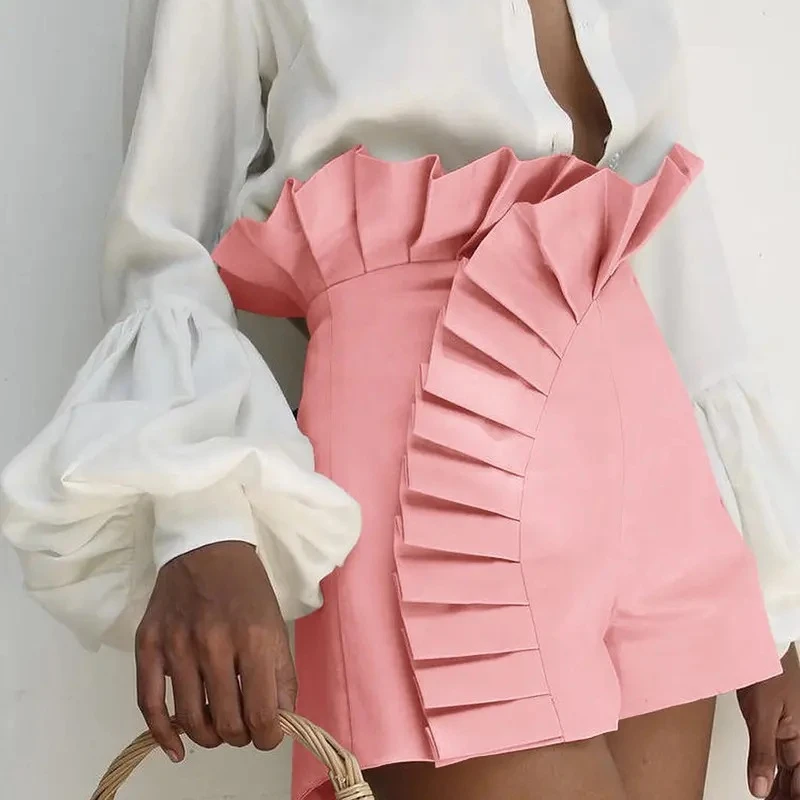 2023 Summer Women's Shorts Fashion Solid Color Ruffled Hem Pleated High Waist Sexy Versatile Street Shorts Womens Clothing