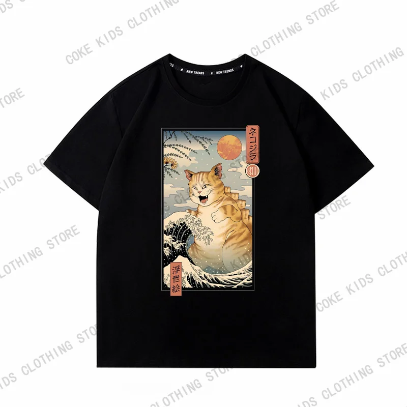 Japanese Anime Style Cat Printed Summer Cotton Child T Shirts Fashion Outdoor Sports Loose Tees Unisex Y2k Daily Street Clothing