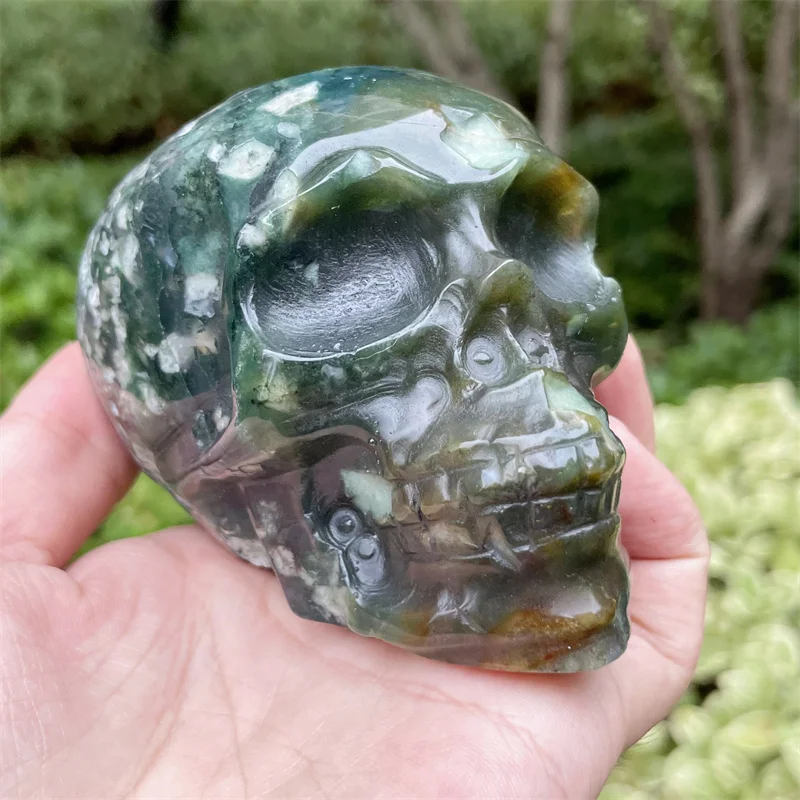 

9CM Natural Moss Agate Head Skull Mineral Gems Carved Reiki Healing Gift Crafts Feng Shui Home Decoration Stone Statues 1pcs