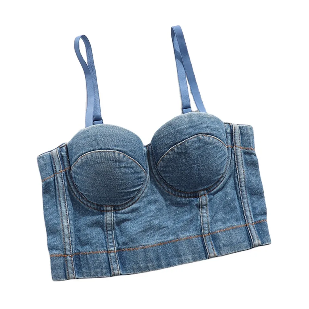 

Fashion Sexy Denim Jeans Corset Crop Top Women's Push Up Backless Sleeveless Bustier Bra Tops 2023 Sexy Tank Tops Street Wear