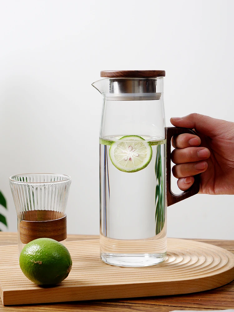 Jarra de agua fría de madera de nogal y vidrio para uso doméstico, ideal para preparar té o agua caliente. También sirve como botella decorativa para la sala de estar o tetera para té helado.