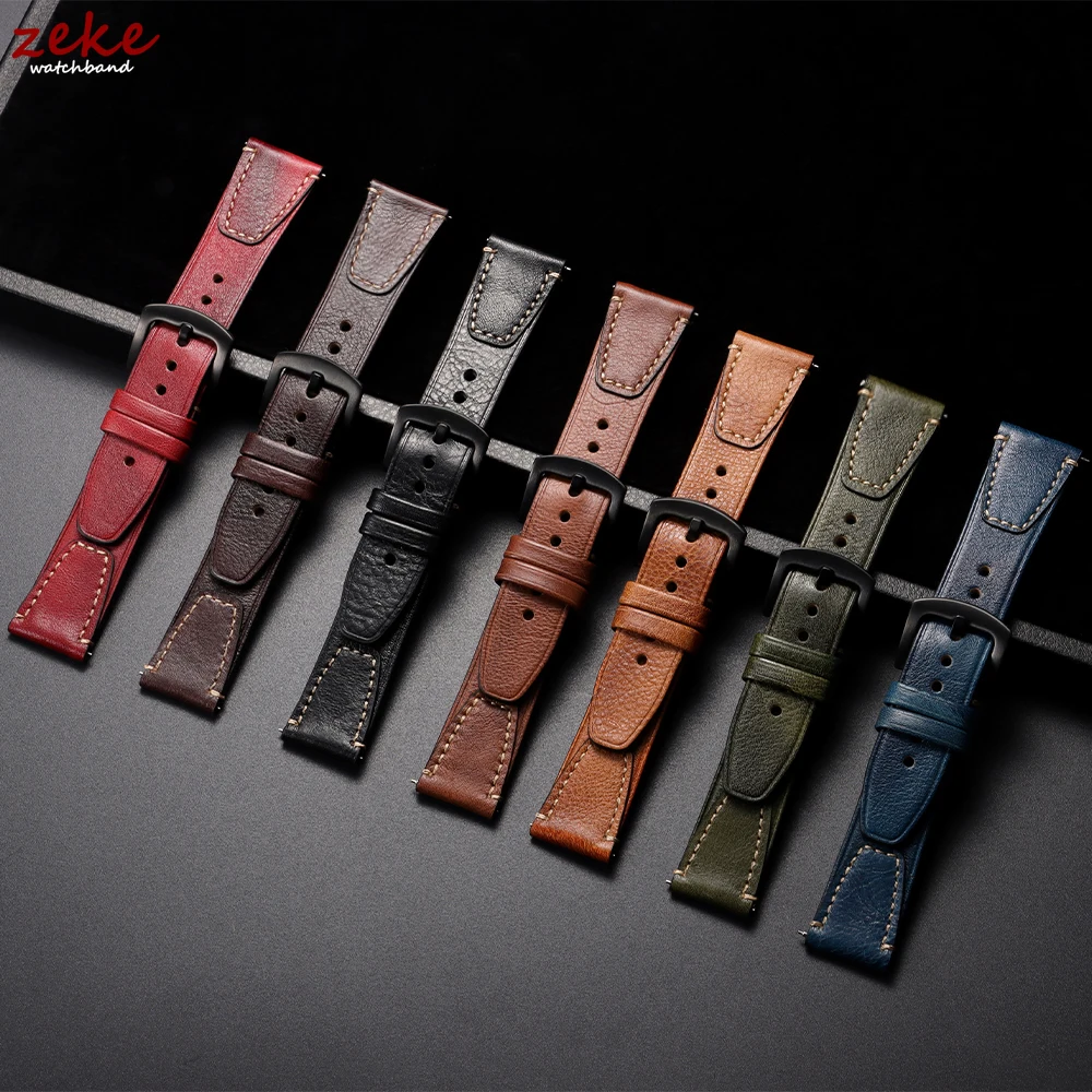 Vintage Brown Genuine Leather Watch Strap – Retro Rub Colour Calfskin with Quick Release