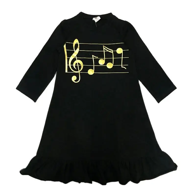 Mädchen kleid kinder kleidung mit langen ärmeln baumwolle kinder kleidung kleid schwarz gold musik mädchen kleidung casual langen schwarzen rüschen