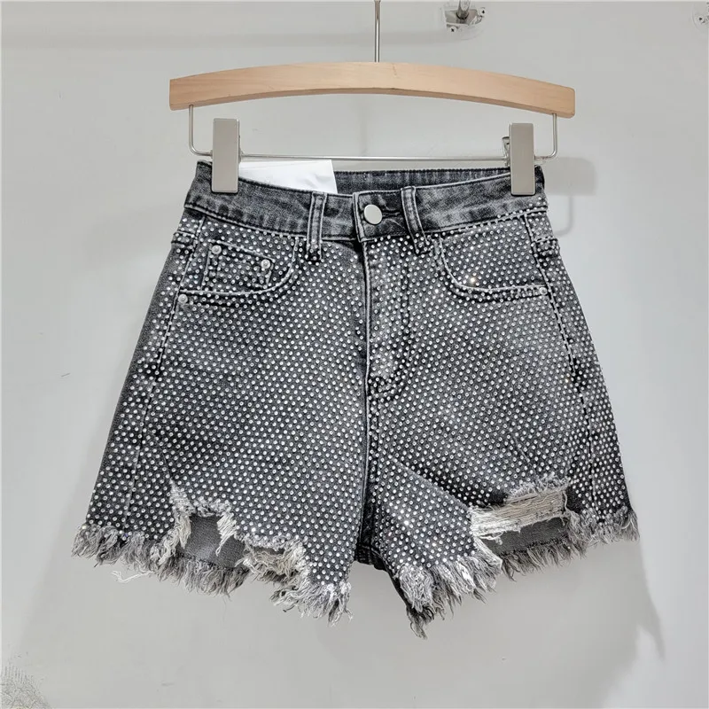 Streetwear Full Rhinestones Denim Shorts for Women 2024 Summer New High Waist Slimming All-Matching Raw Edge A- Line Hot Pants