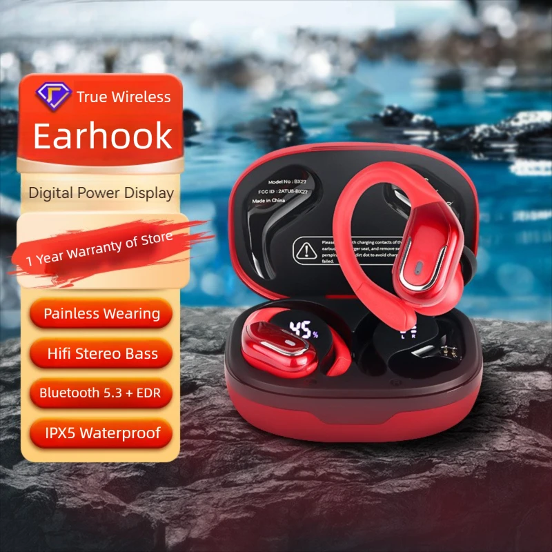 Wireless Bluetooth 5.4 Noise Cancellation Earbuds Ear Hanging IPX5 Sports Running LED Display Headphones in Ear Hifi Stereo Bass