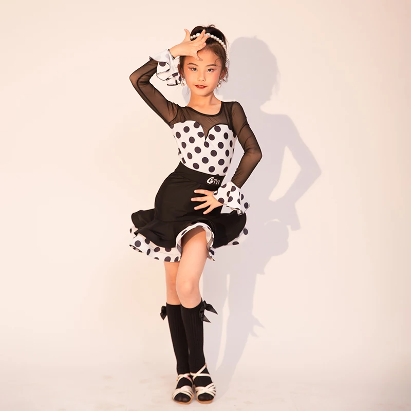 polka dot Long Sleeve Cha Cha Rumba Tango Latin Dance Dress Girls Kids Samba Salsa Clothes Children Competition Ballroom Dresses