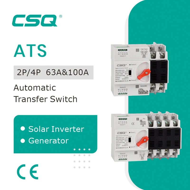 

CSQ 2P 4P Din Rail ATS PV Inverter Dual Power Automatic Transfer Selector Switches Uninterrupted 63A 100A Photovoltaic Solar