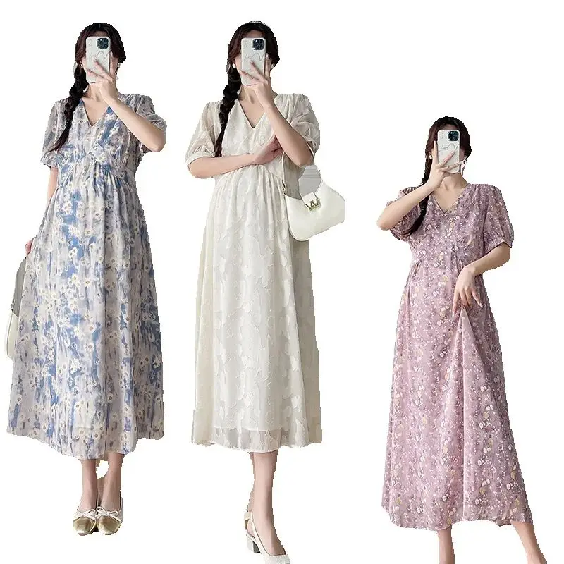Summer Pregnant Women V-neck Irregular Dress Short Sleeve Mesh Patchwork Maternity Loose Light Weight Dress Thin Clothes