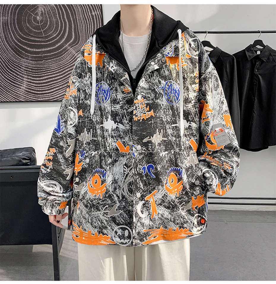 2022 Men Jacket Korean Fashion Hooded Printed Graffiti Oversized Streetwear Jacket Black Harajuku Hip Hop Windbreaker Coats racer jacket