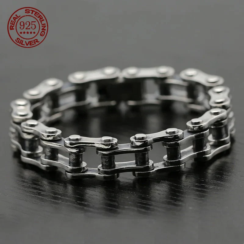 High quality S925 Sterling Silver Chain 10mm vintage men's bracelet Fashion Creative Punk style motorcycle chain bracelet