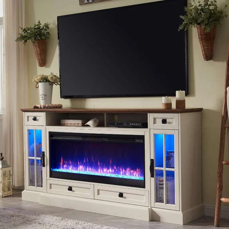 

Fireplace TV Stand for 80 Inch TV, Farmhouse Entertainment Center with 42" Fireplace & LED Lights, Modern Media Console