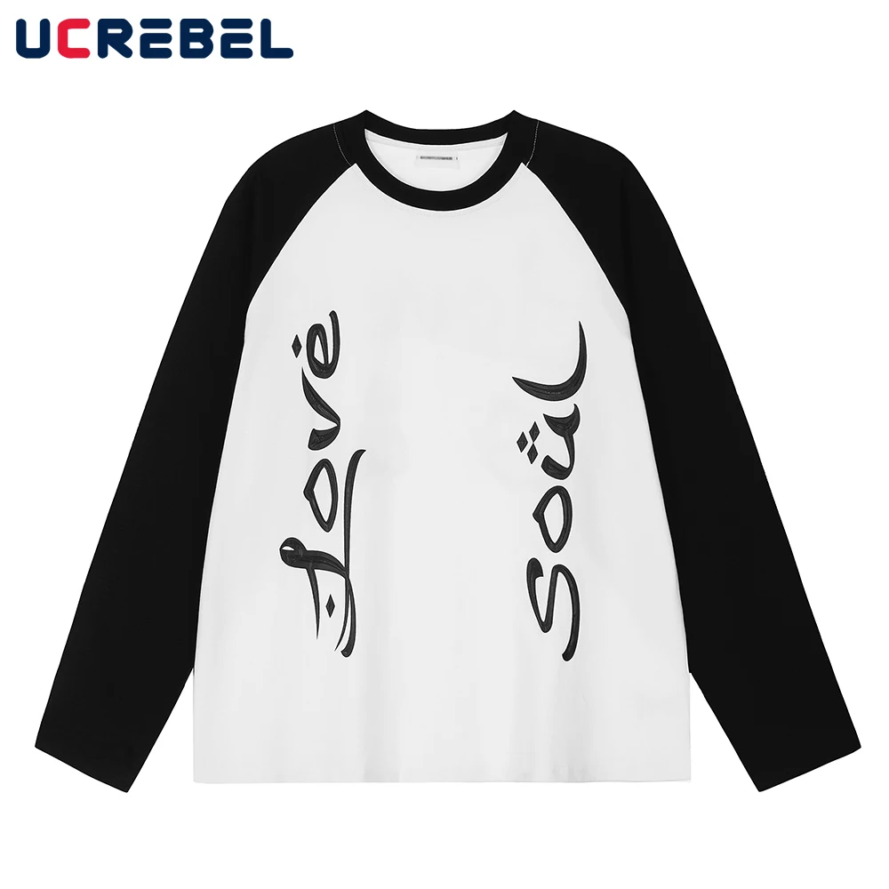 

Letter Print Casual Long Sleeve T-shirt Mens Streetwear Color Block Loose Crew Neck Cotton Top Men Autumn
