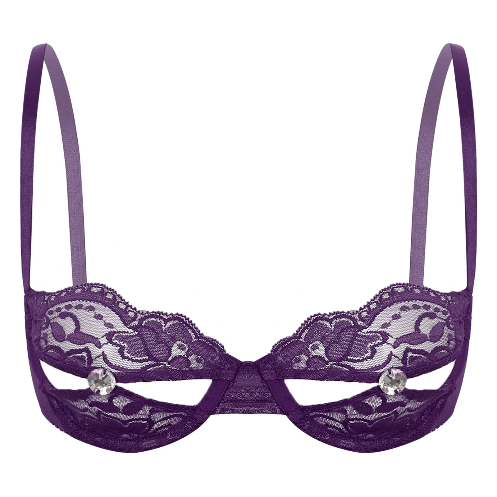 thumbnail image 1 of Sujetador sin forro con pezón abierto y diamantes de imitación brillantes para mujer, lencería transparente de encaje Floral, ropa interior con sujetador de media copa de realce, 1 of 5
