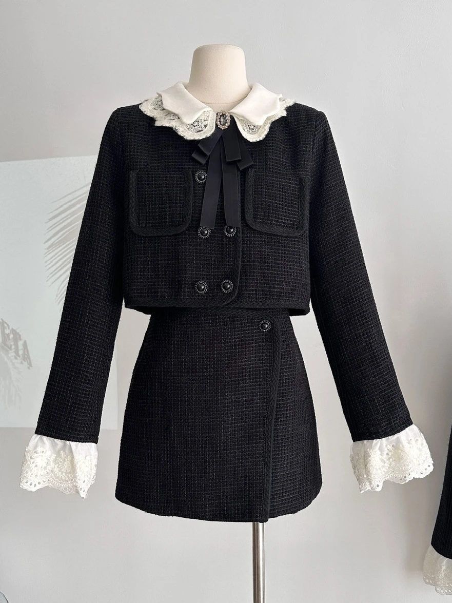 

High-End Sweet Elegance Doll Collar Lace Long-Sleeved Top Slim Fit Mini Skirt Sets Women OL Fashion Socialite Two-Piece Sets