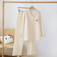 2026 New Spring/Summer Japanese Women's Striped Pajama Set 100% Cotton Long Sleeve Long Pants Two Piece Set Thin Home Clothing - Image 3