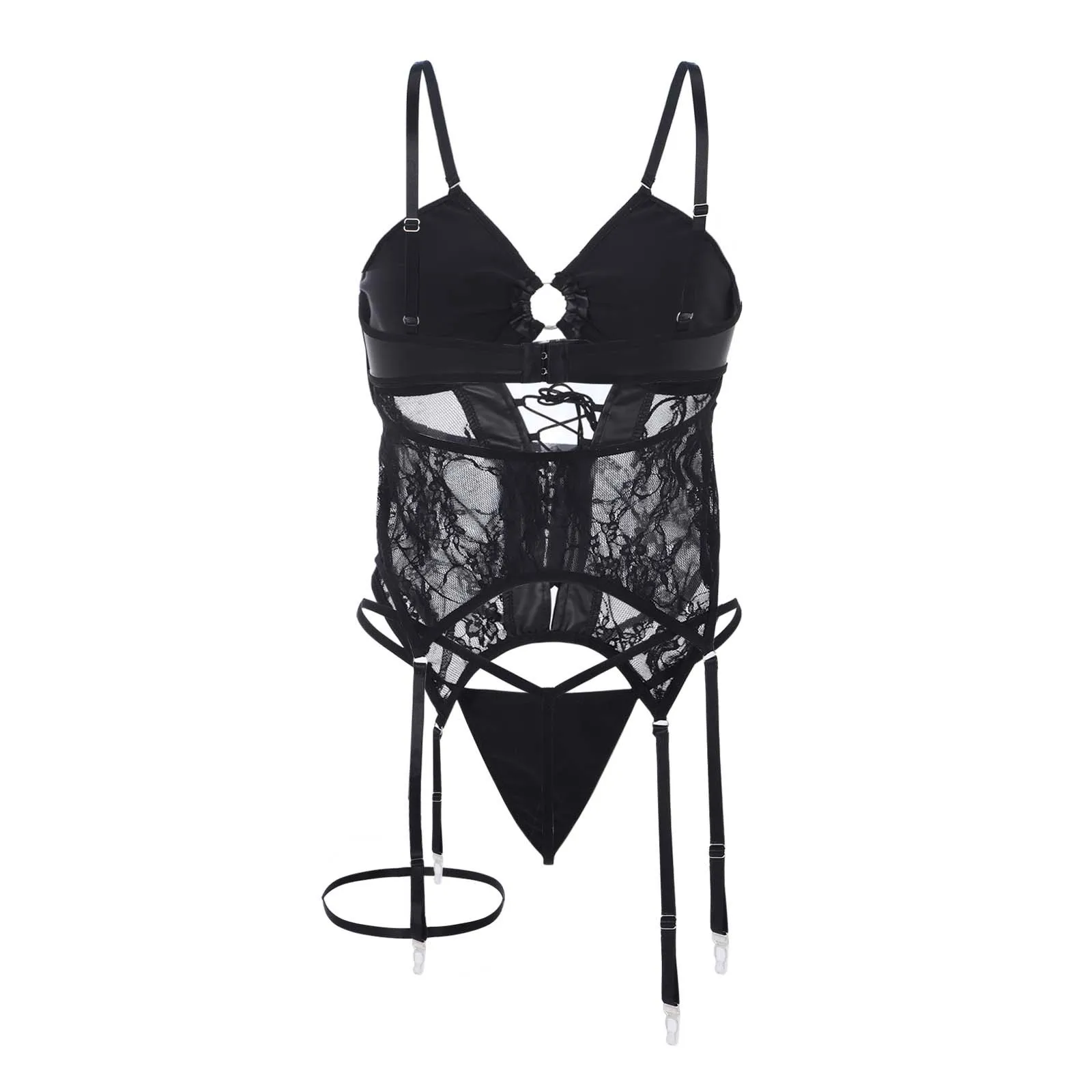 

Sexy Lace Lingerie Set Women Lacquer Leather Hollow Out Bodysuit Backless Thongs Thigh Rings 3pc Erotic Perspective Intimates