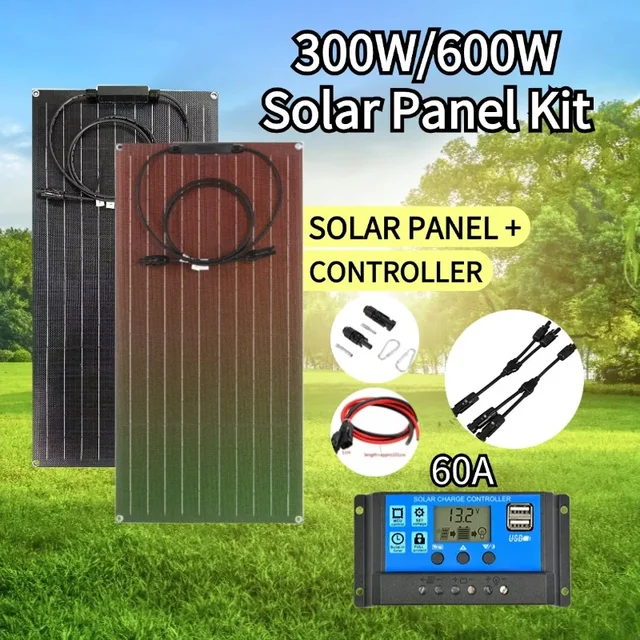 Kit de panneaux solaires flexibles, Module PV 300W, 600W + 12V/24V, contrôleur, cellule de câble solaire pour maison, extérieur, voiture, bateau, batterie, voyage de Camping 1