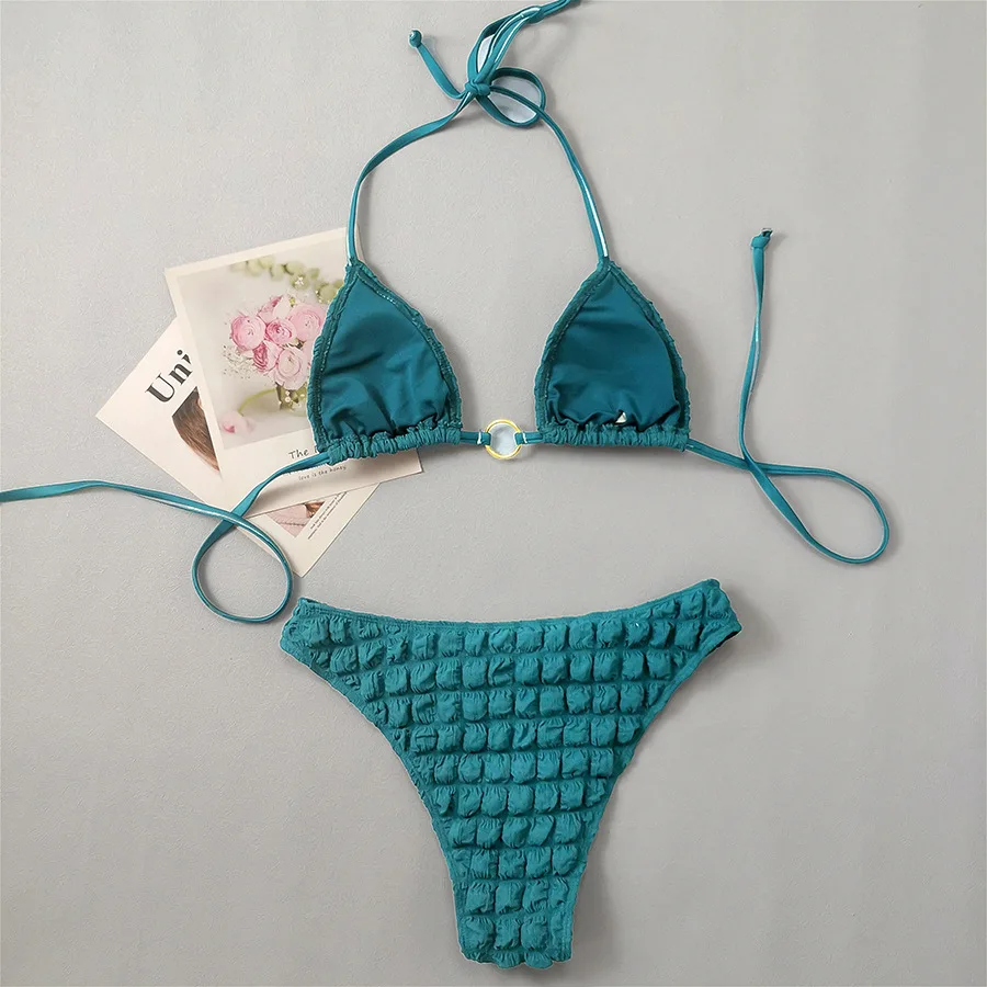 Womens Swimwear Sexy Bubble Cloth Triangle Bikini Set Micro String