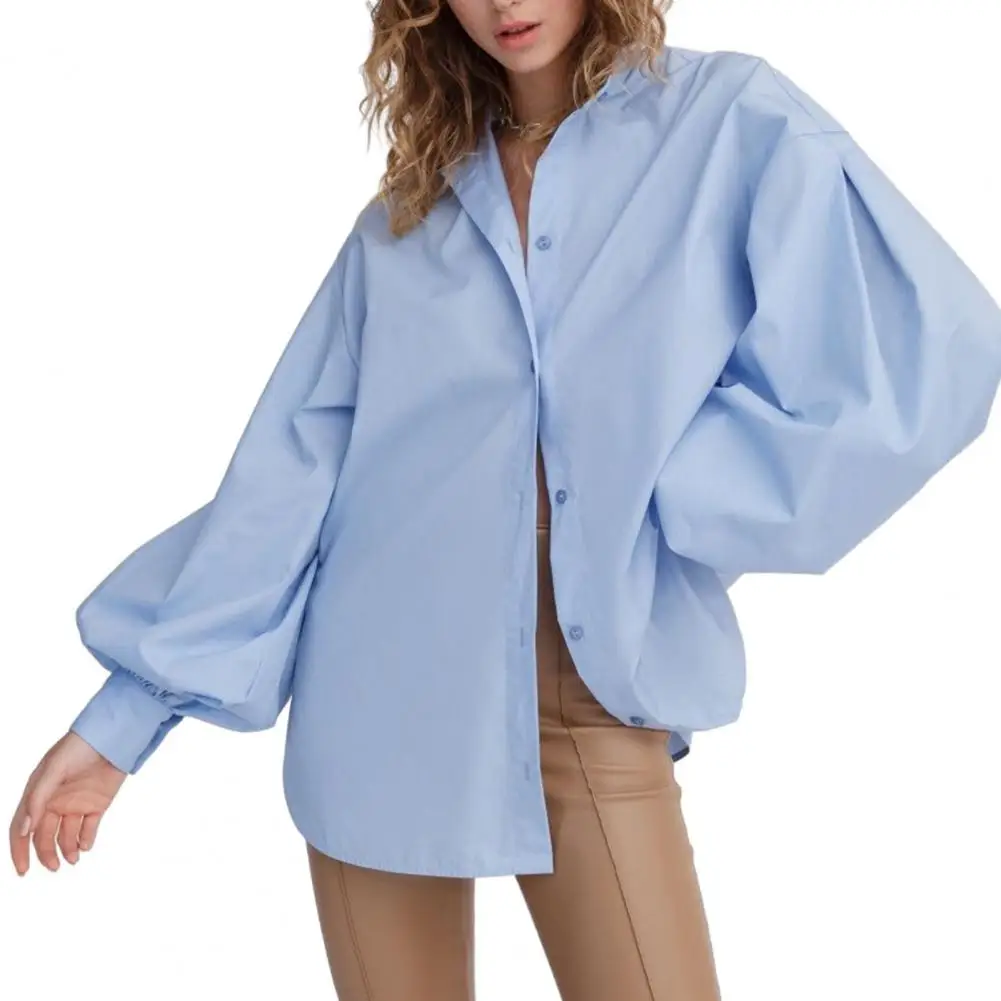 

Fashion Women Shirt Stand Collar Lantern Long Sleeve Blouses Tops Spring Autumn Solid Color Loose Shirt blusas para mujer 2023