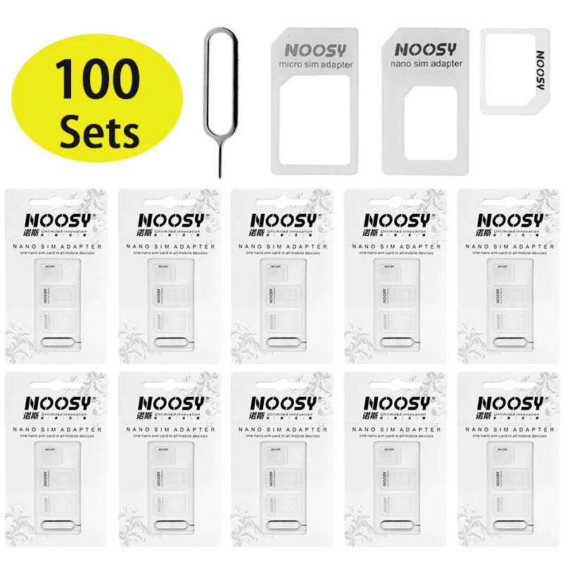

100 Sets SIM Card Adapter Kit by Noosy Nano to Micro, Nano to Regular, Micro to Regular with SIM Ejector Pin