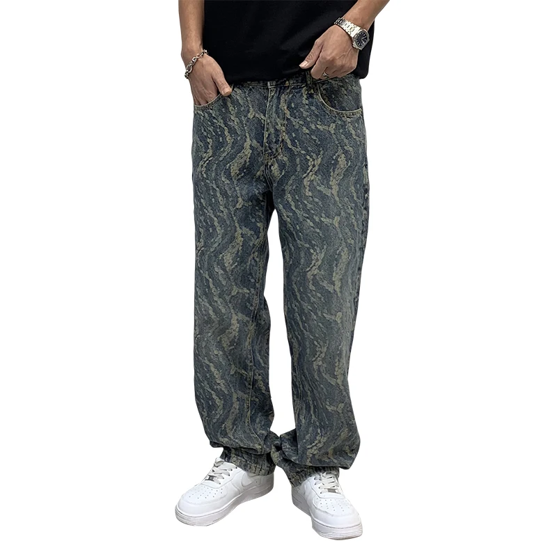 New Jeans For Men'S Jacquard Full Print  Loose Straight Style Fashion Hip Hop Wide Legs Fashion Casual Denim Long Pants