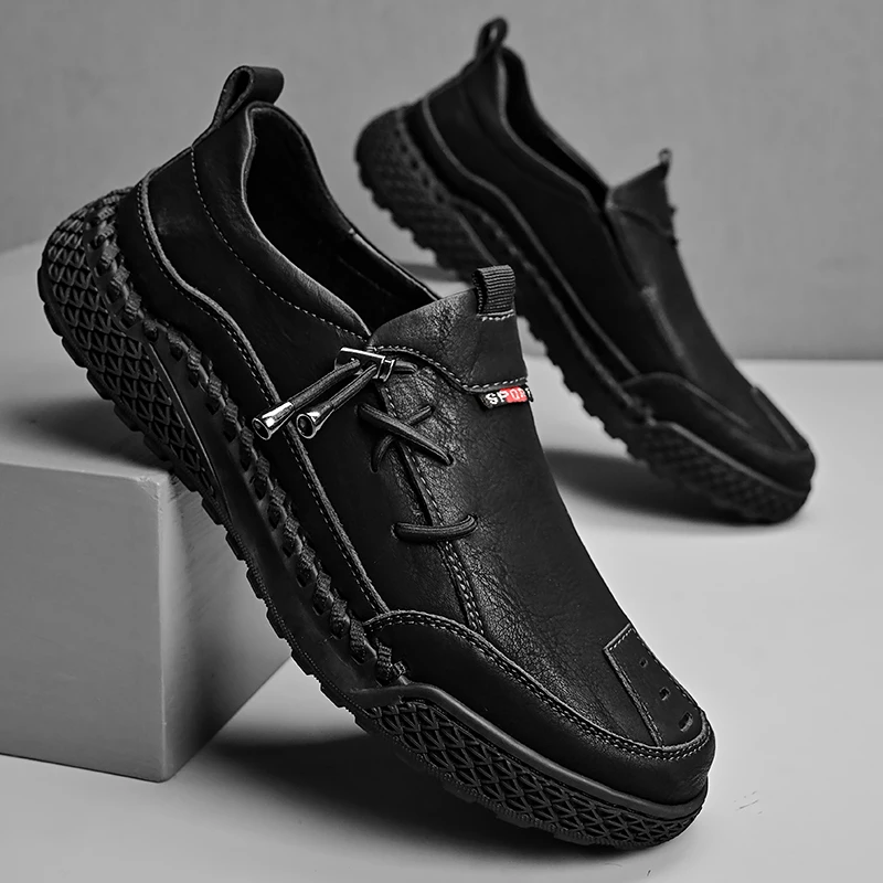 Fashion Leather Men Casual Shoes Hand-stitching Soft Mens Loafers Comfy Moccasins Breathable Slip on Driving Shoes Treking Flats