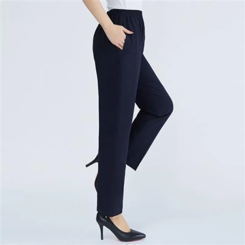 2024 New Simple Elegant Summer Solid Color Elastic High Waist Women's Fashion Versatile Silk Thin Loose Straight Cropped Pants