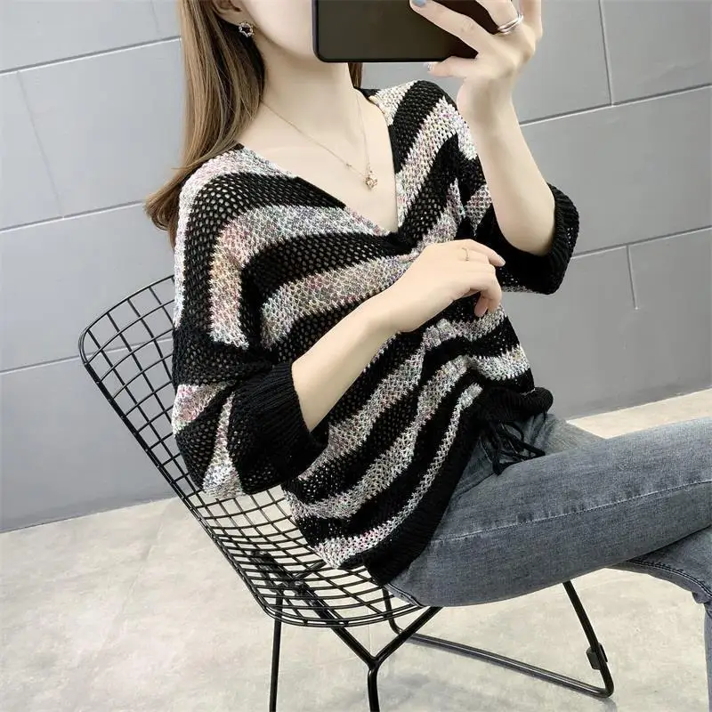 

Ladies Sweaters V-neck Pullover Mesh See-through Striped Knitted Top for Women Y2k Vintage In Promotion Aesthetic Tall Tops New