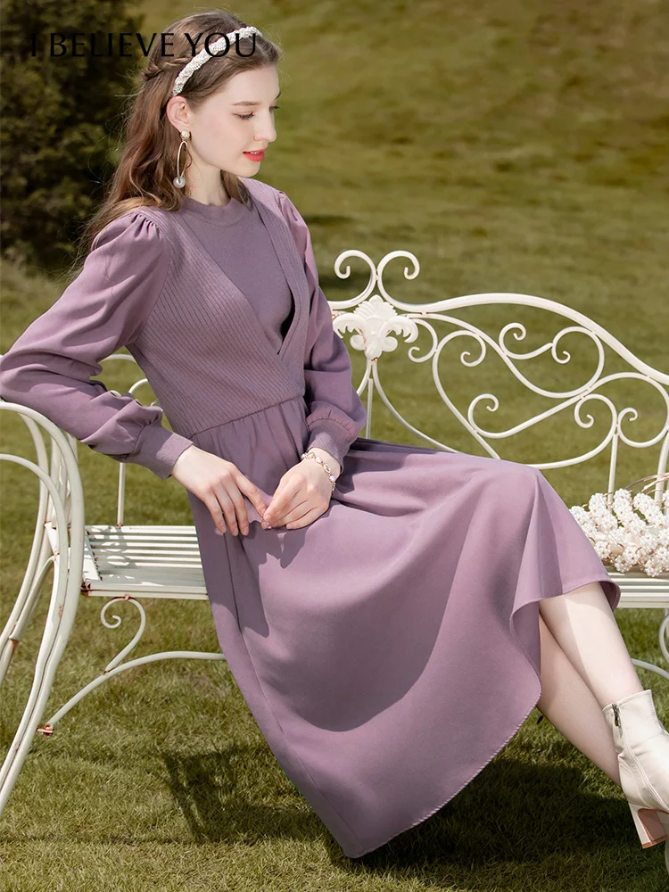 

I BELIEVE YOU Patchwork Knitted Dress 2022 Autumn Winter French Slim Oneck Pullover Vestido Elegant Female Clothing 2224134815