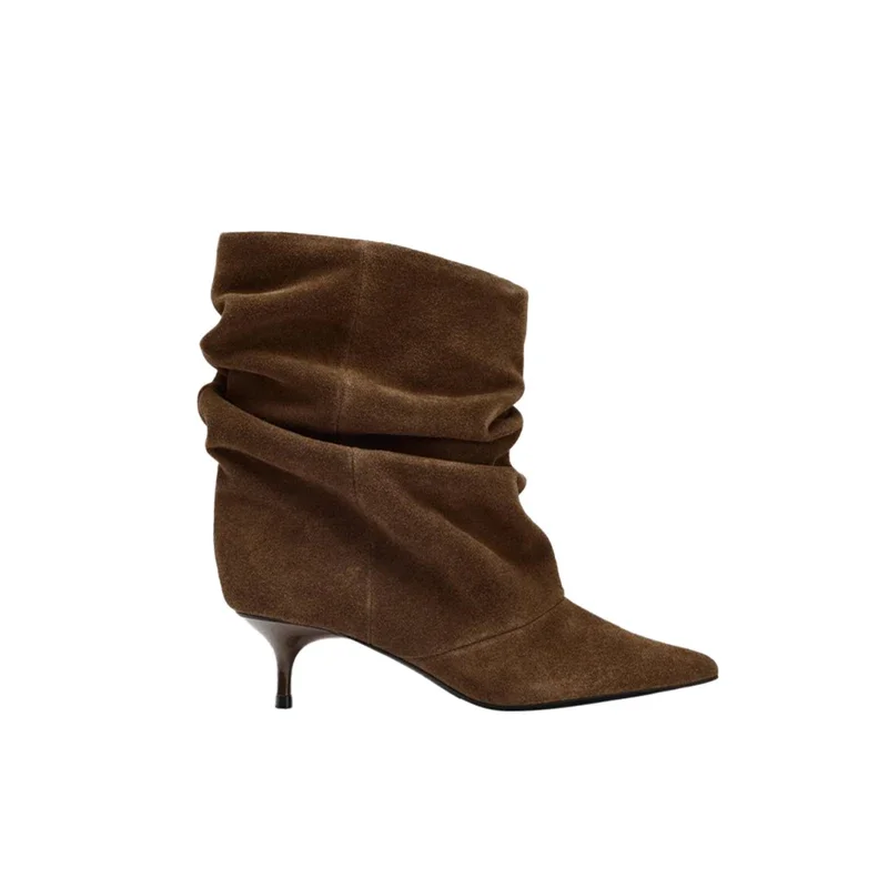Luxus Mid-kalb Stiefel frauen Vintage Wildleder Spitz Stiefeletten Plissee Stiletto Absatz Low-heel Stiefel Marke retro Lose Stiefel – Detail 4