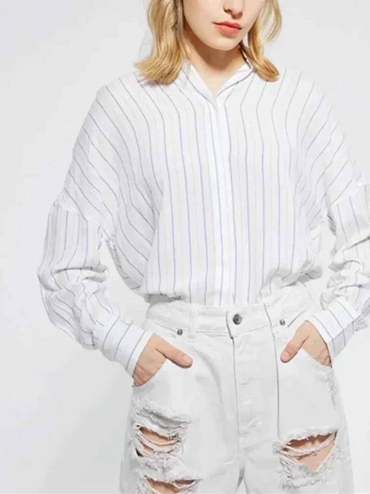 

Classic Stripes Shirt For Women Spring Summer Turn-down Collar Convered Buttons Casual Tops