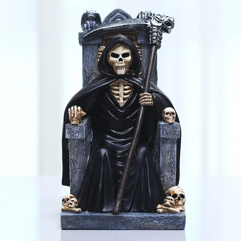 

Creative Grim Reaper Throne Statue Resin Skull Figurine Halloween Decoration Ornament Sculpture Decorative Crafts for Home