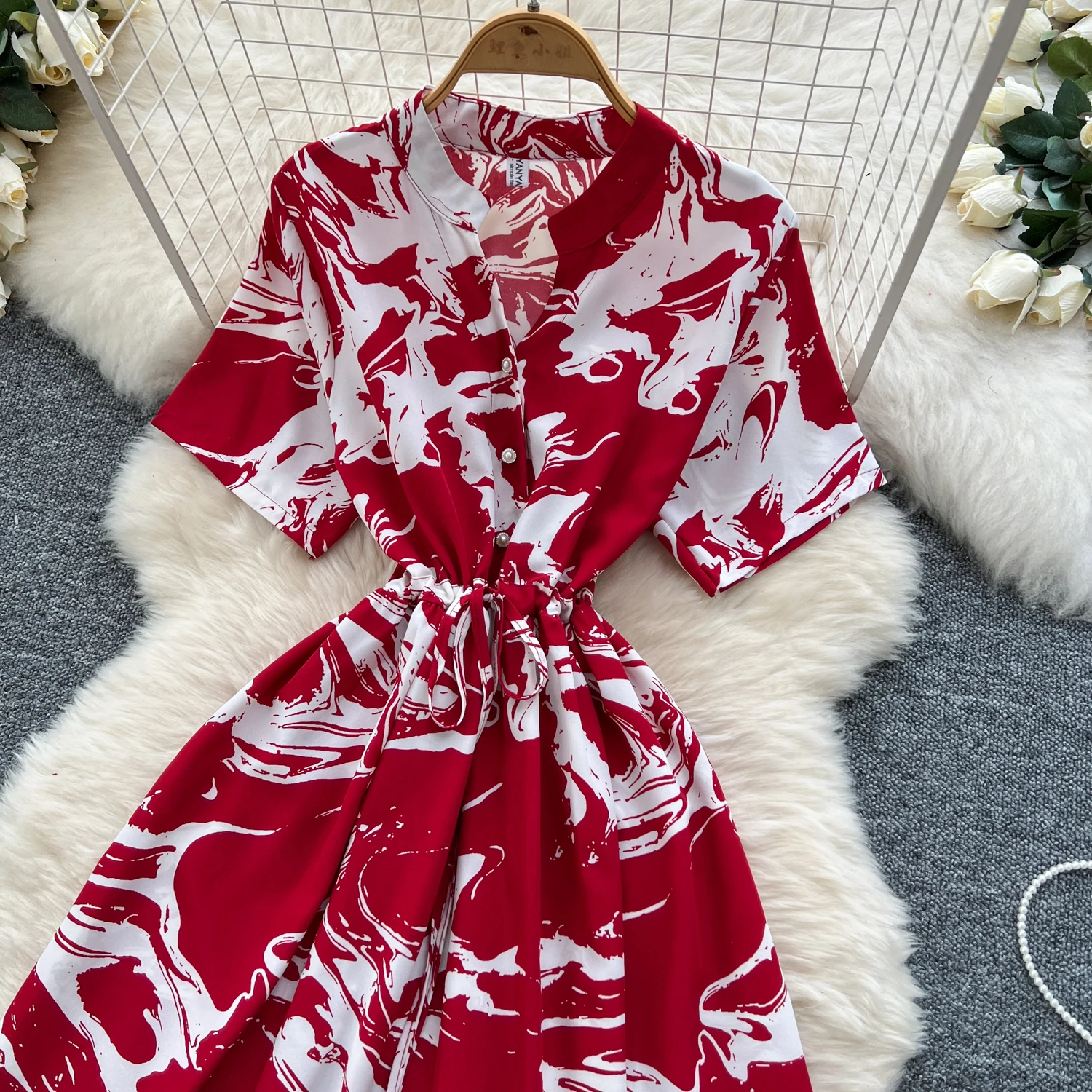 فستان نسائي صيفي بوهيمي برقبة على شكل حرف v وأكمام قصيرة